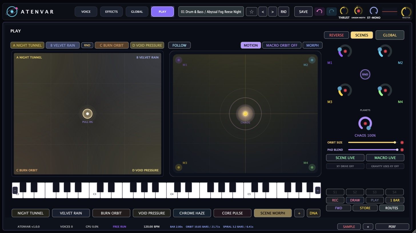 ATENVAR PLAY page: scene morph pad, macro orbit pad and snapshots