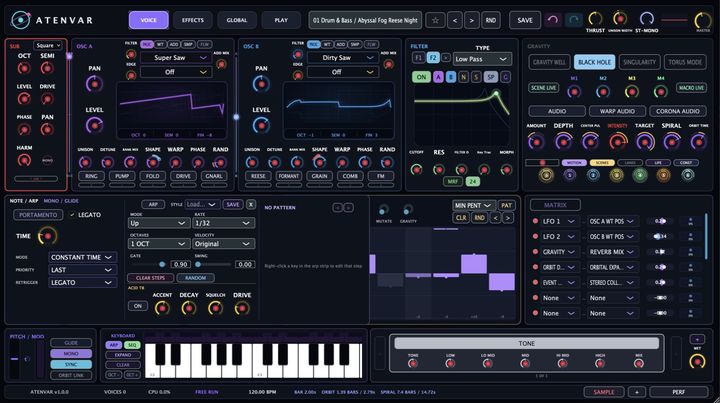ATENVAR VOICE page with the arpeggiator open