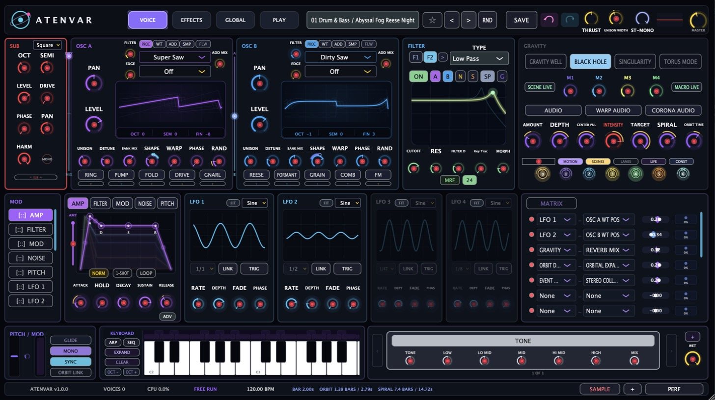 ATENVAR VOICE page: sub, two oscillators, twin filters, gravity, envelopes, LFOs and matrix